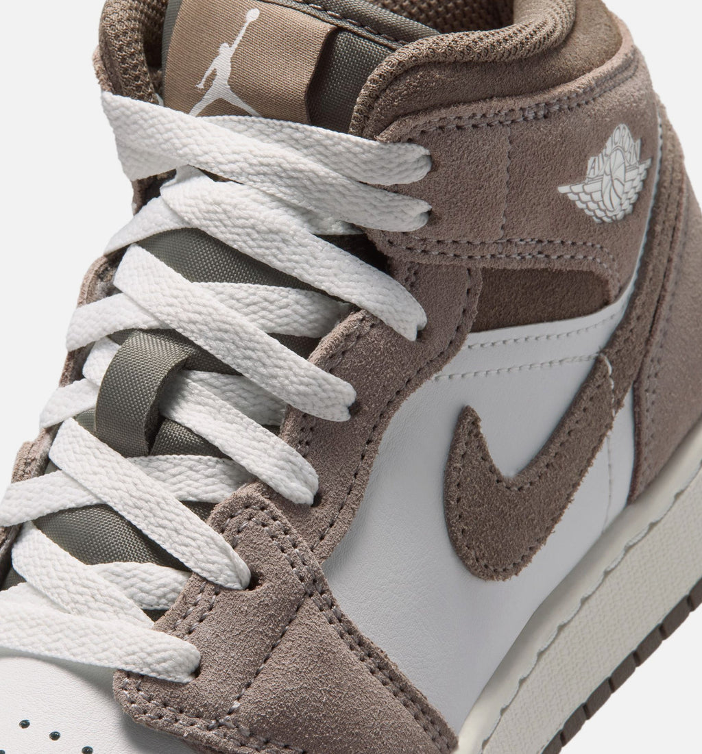 Air Jordan 1 Mid – Grade School Lifestyle Sneaker (Enigma Stone / Olive Grey)