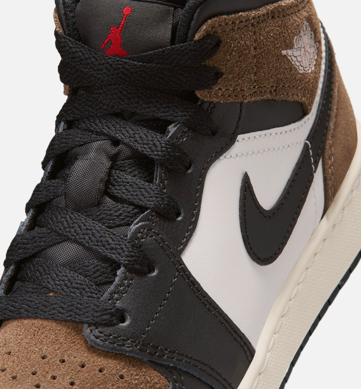Air Jordan 1 Mid – Grade School Lifestyle Sneaker (Black / Palomino / University Red)