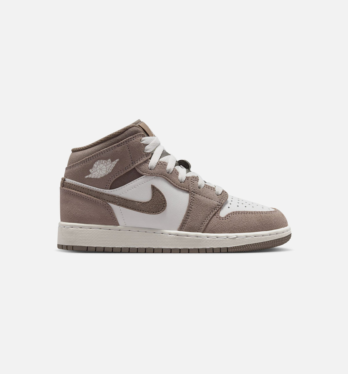 Air Jordan 1 Mid – Grade School Lifestyle Sneaker (Enigma Stone / Olive Grey)