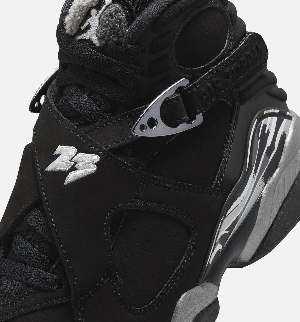 Air Jordan 8 Retro Chrome Black and Light Graphite – Grade School Lifestyle Sneaker (Black / White / Light Graphite)